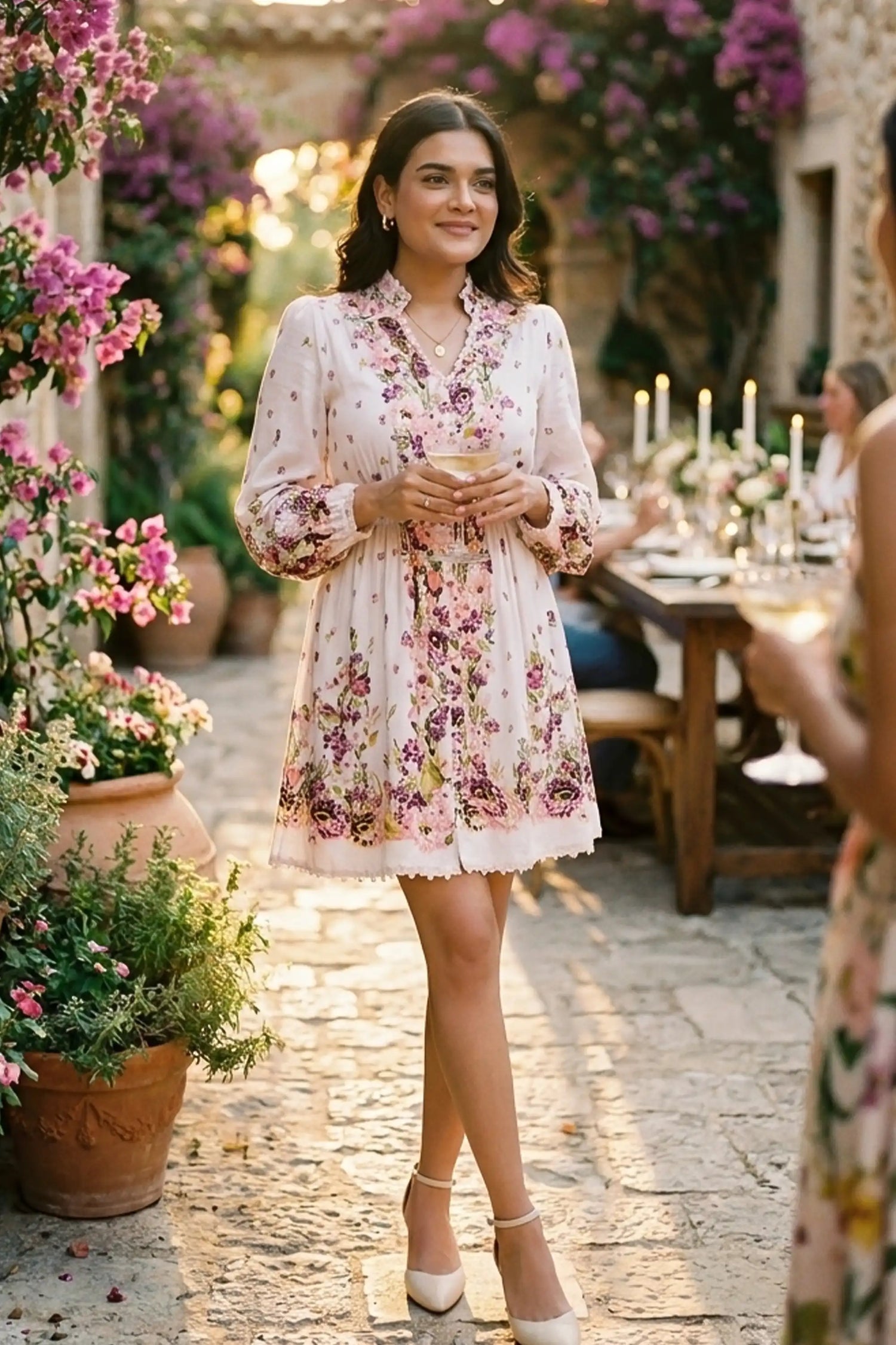 Woman in blush ivory floral button-front mini dress with ruffled collar holding wine glass at outdoor courtyard dinner party - Pretty Pixie occasion wear