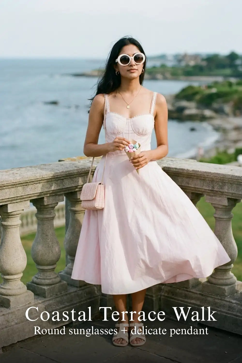 Pretty Pixie blush pink lace-trim bustier strap dress for coastal terrace walk.