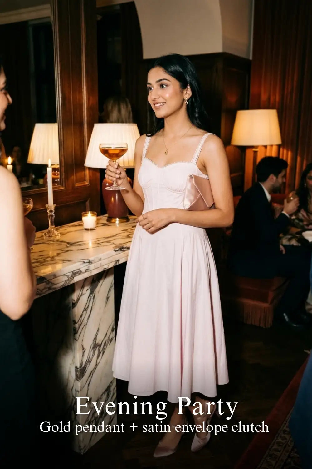 Pretty Pixie blush pink lace-trim bustier strap midi dress for evening party.