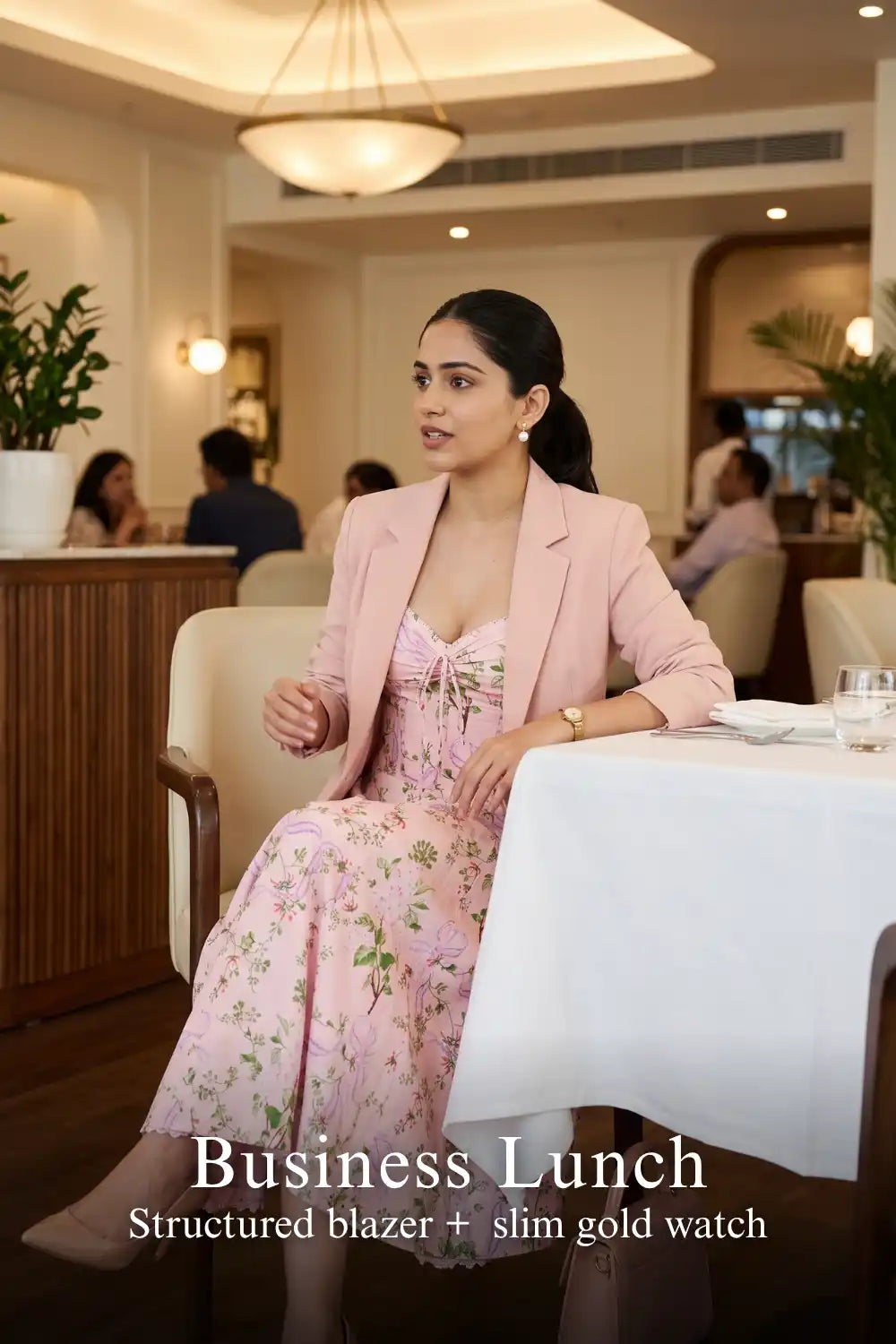 Pretty Pixie pastel pink floral bustier midi cotton dress for business lunch.