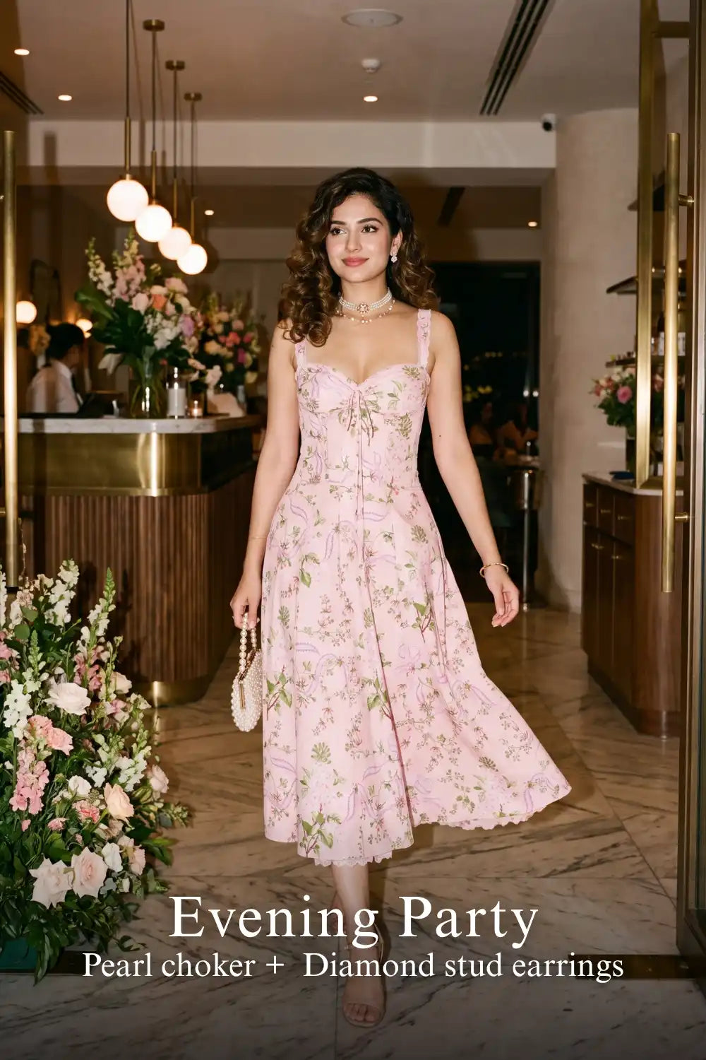 Pretty Pixie pastel pink floral bustier midi cotton dress for evening party.