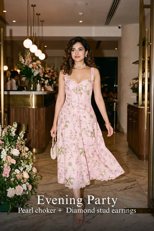 Pastel Pink Floral Bustier Midi Cotton Dress — view 3