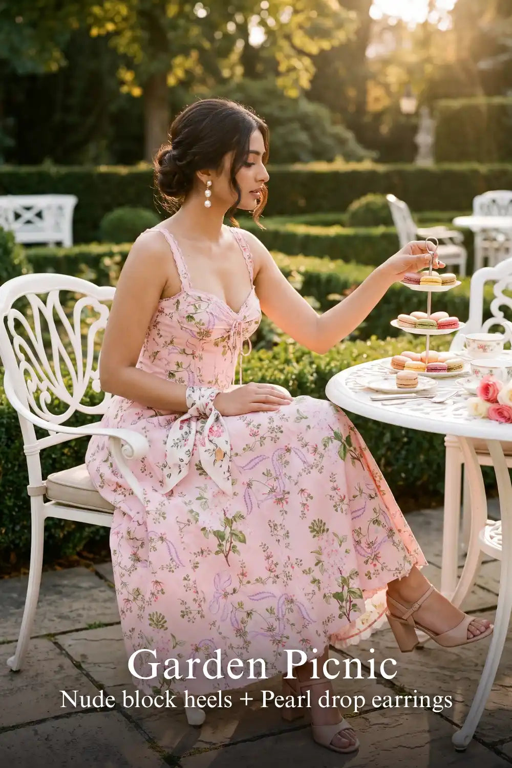 Pretty Pixie pastel pink floral bustier midi cotton dress for garden picnic.