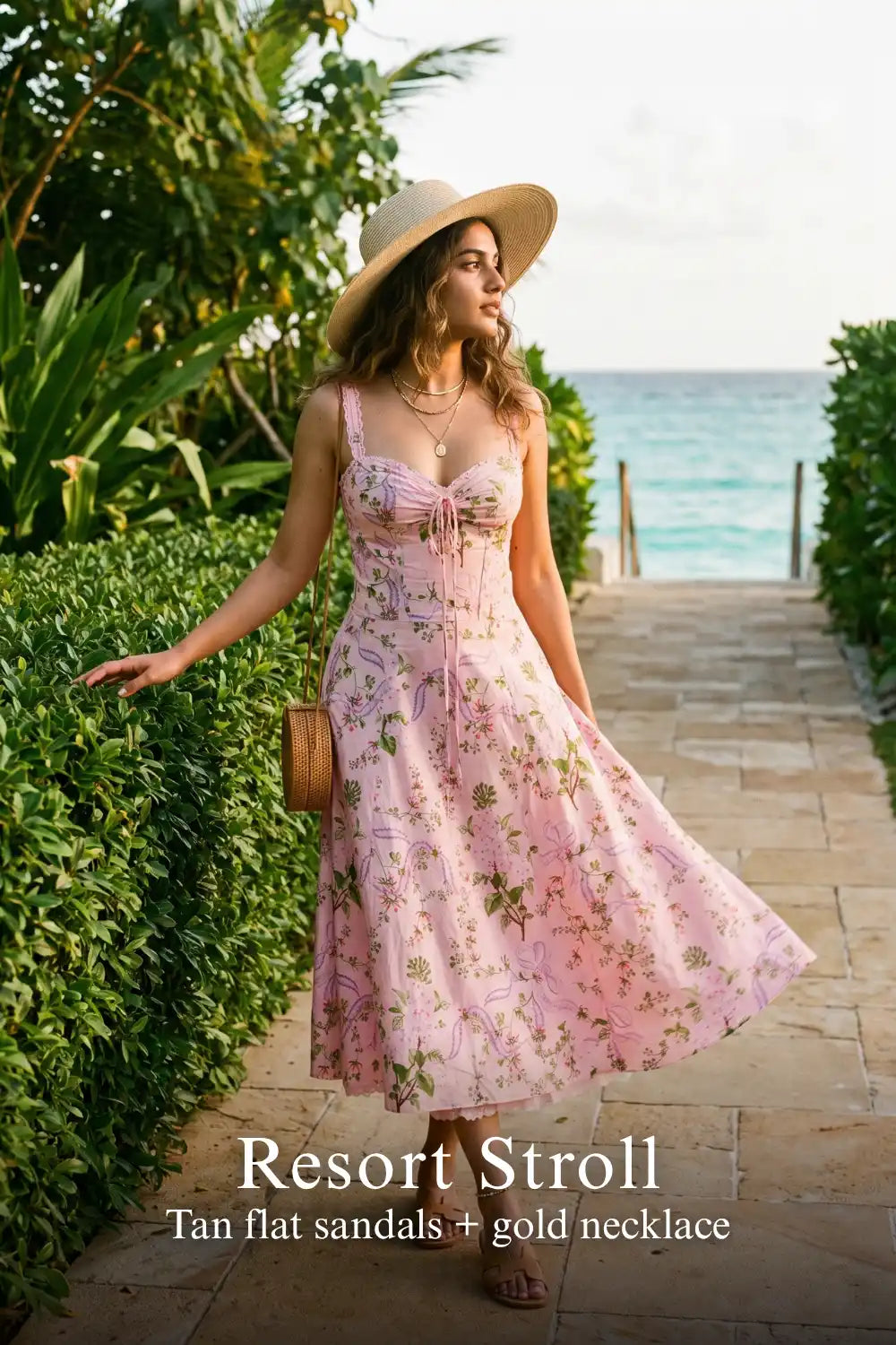 Pretty Pixie pastel pink floral bustier midi cotton dress for resort stroll.