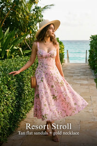 Pretty Pixie pastel pink floral bustier midi cotton dress for resort stroll.