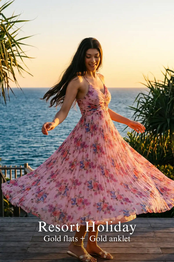 Blush Pink Pleated Floral Maxi Dress — view 3