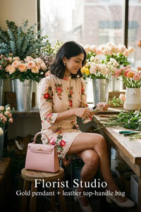 Pretty Pixie beige garden rose puff-sleeve belted mini dress styled for a florist studio visit