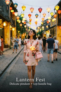Pretty Pixie beige garden rose puff-sleeve belted mini dress styled for a lantern festival