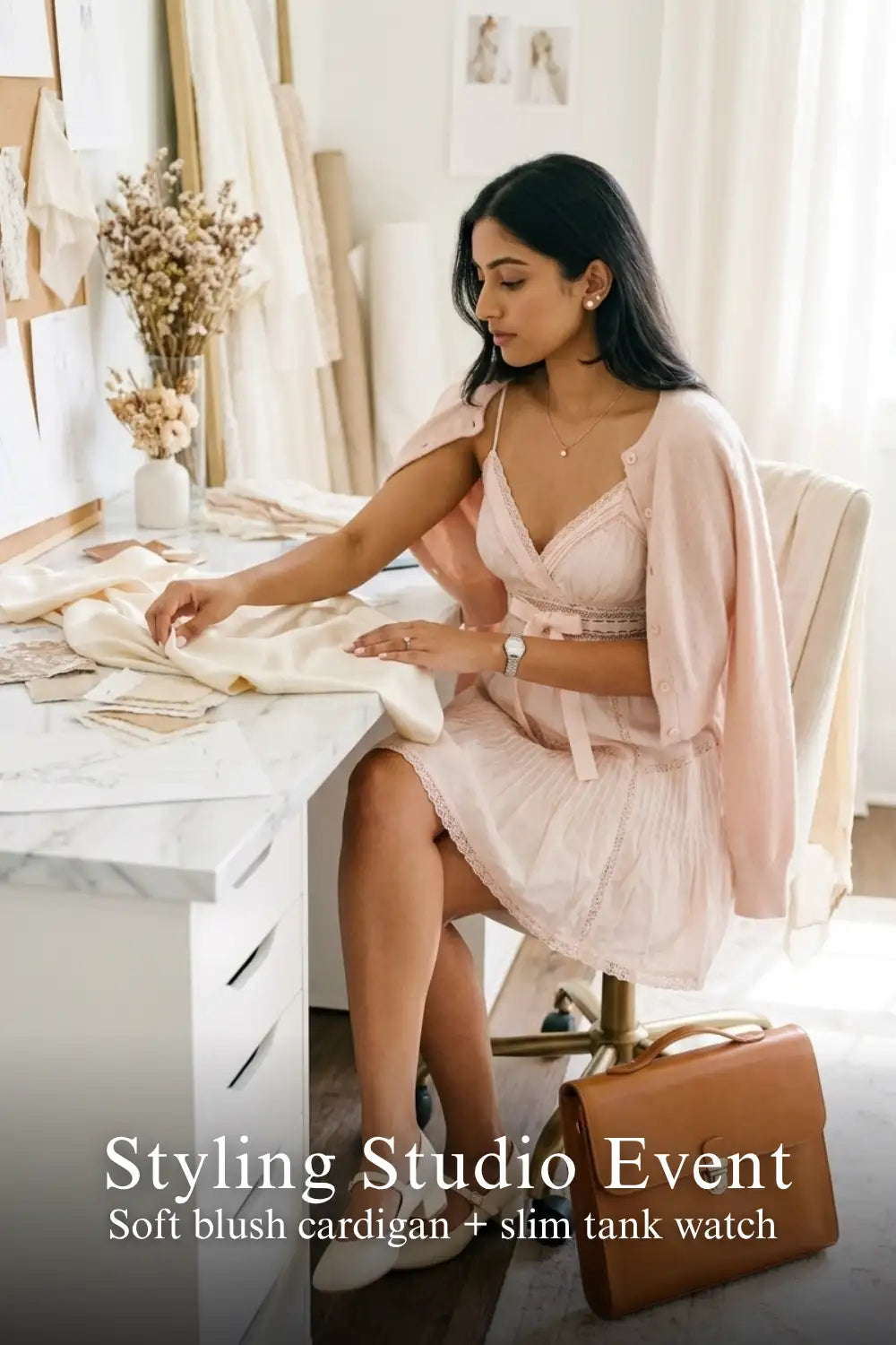 Pretty Pixie blush silk lace-trim pleated wrap dress for styling studio event.