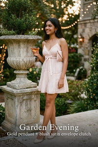 Pretty Pixie blush silk lace-trim pleated wrap v-neck dress for garden evening.