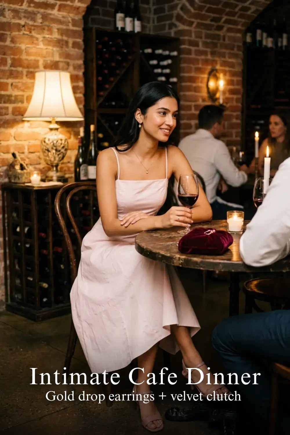 Pretty Pixie blush pink cotton spaghetti strap dress for intimate cafe dinner.