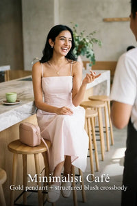 Pretty Pixie blush pink cotton spaghetti strap dress for minimalist cafe.