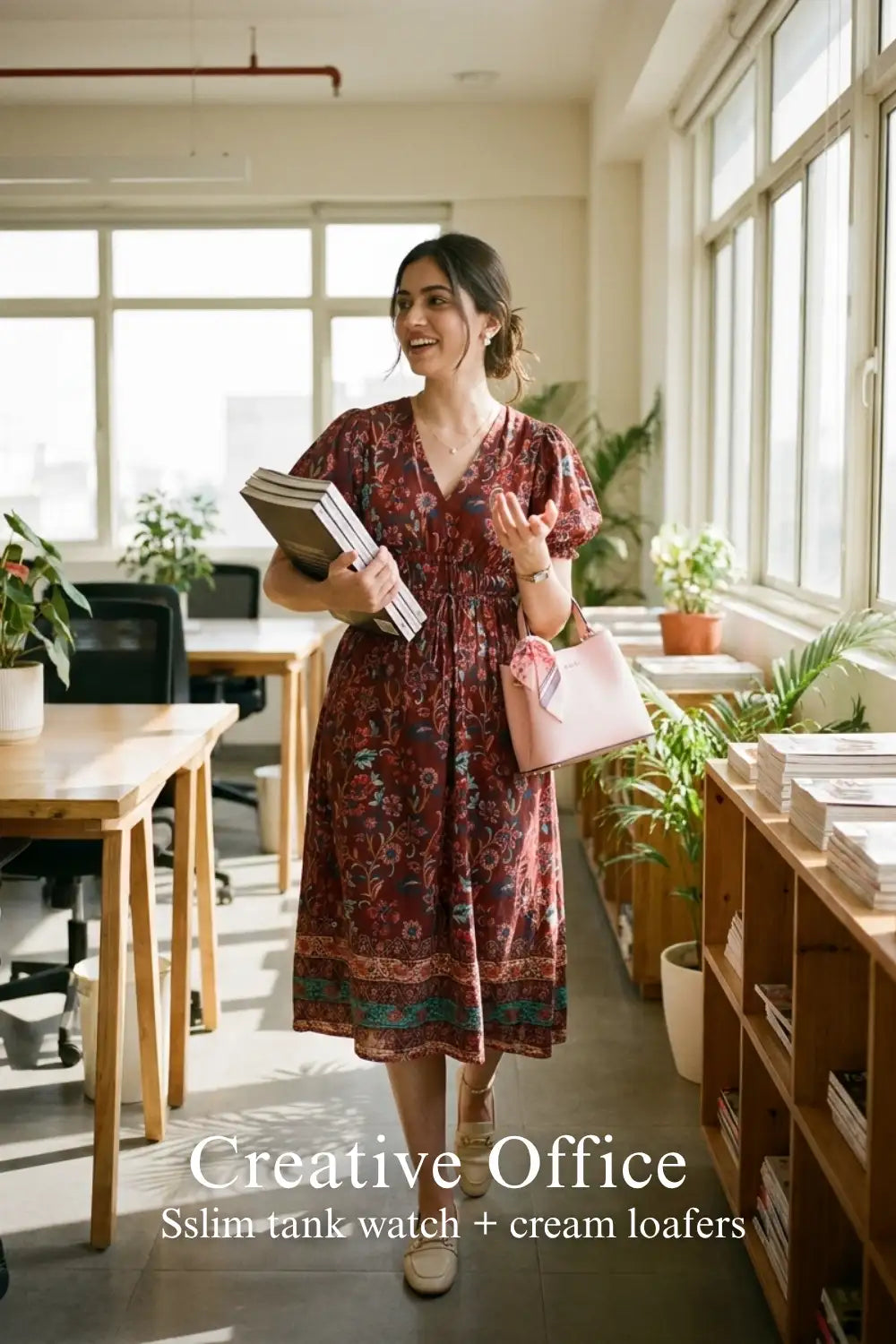 Woman in Pretty Pixie tayra floral border smocked-waist midi dress styled for a creative office