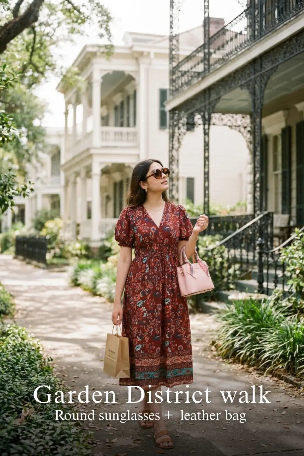 Woman in Pretty Pixie tayra floral border smocked-waist midi dress styled for a garden district walk
