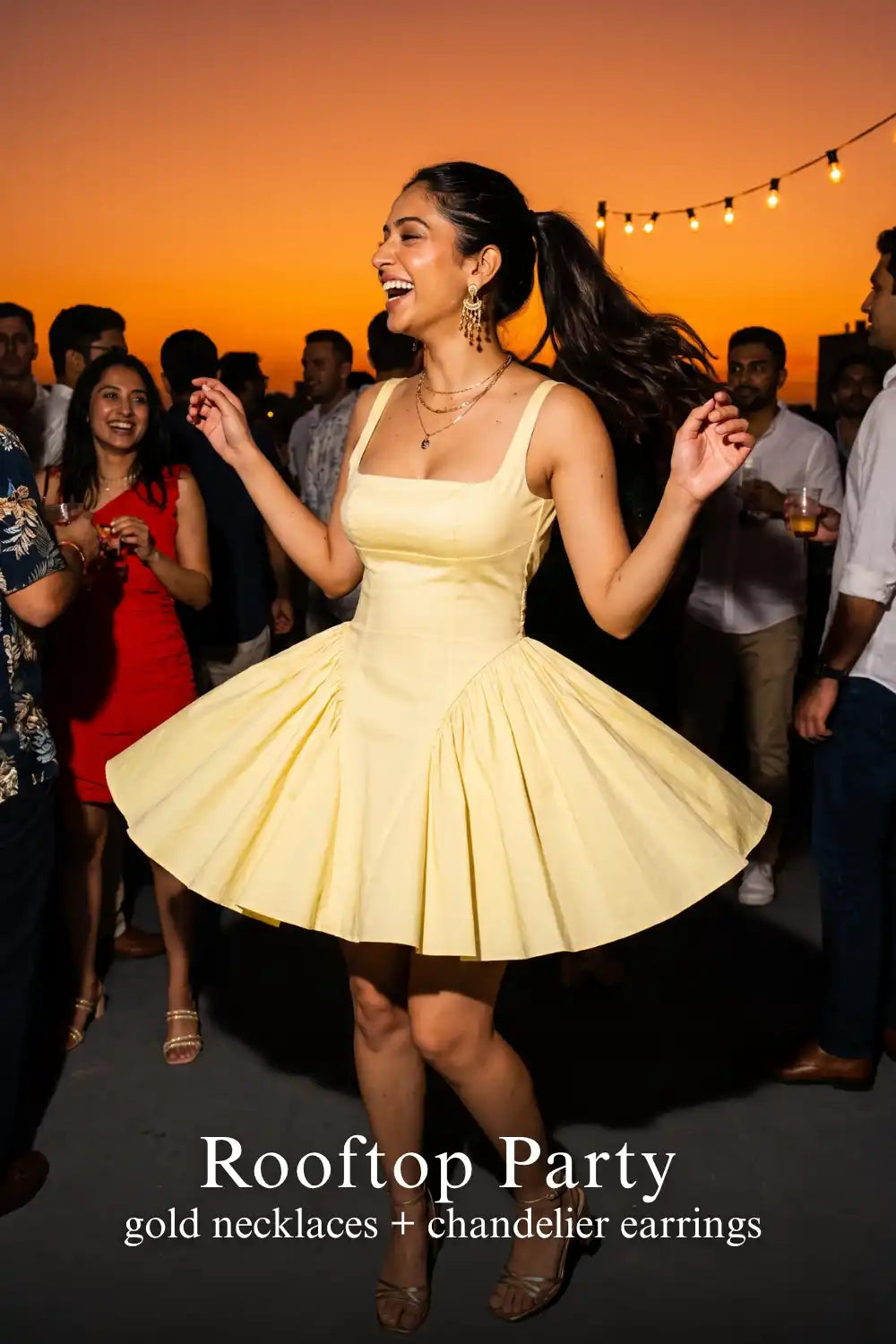Pretty Pixie lemon pleated square-neck mini dress for rooftop party.
