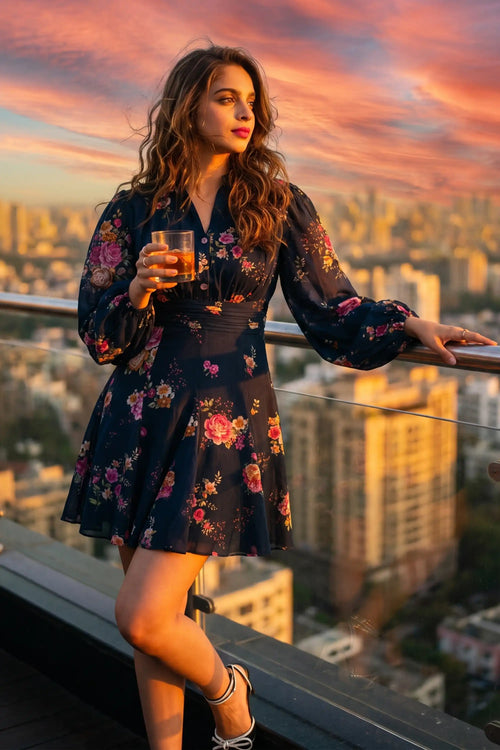 Woman holding a drink at rooftop sunset wearing Pretty Pixie's Camilla navy floral puff-sleeve mini dress with belted waist