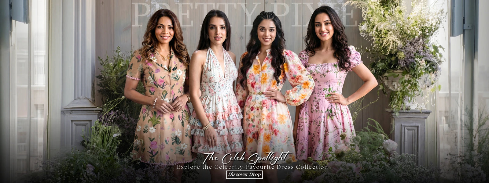 Pretty Pixie Celeb Spotlight banner featuring women wearing floral summer dresses from the celebrity-favourite dress collection.