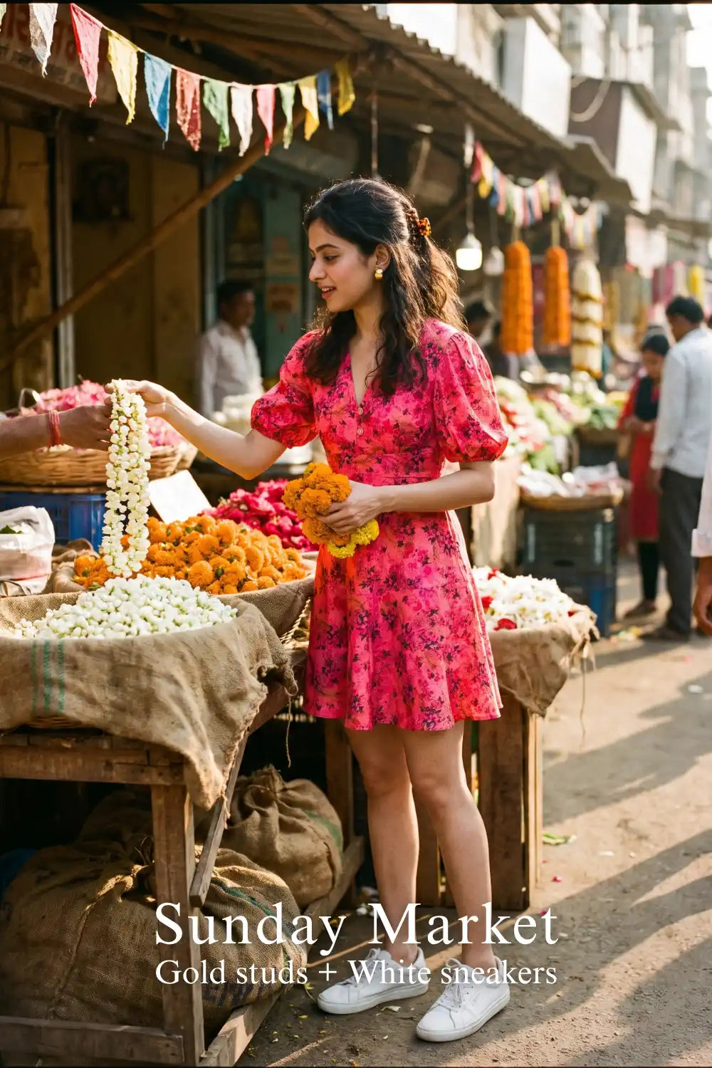 Woman in Pretty Pixie olivia pleated floral puff-sleeve mini dress styled for a sunday market