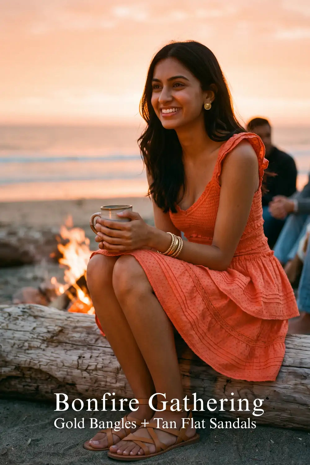Pretty Pixie coral orange eyelet ruffle mini cotton dress for bonfire gathering.