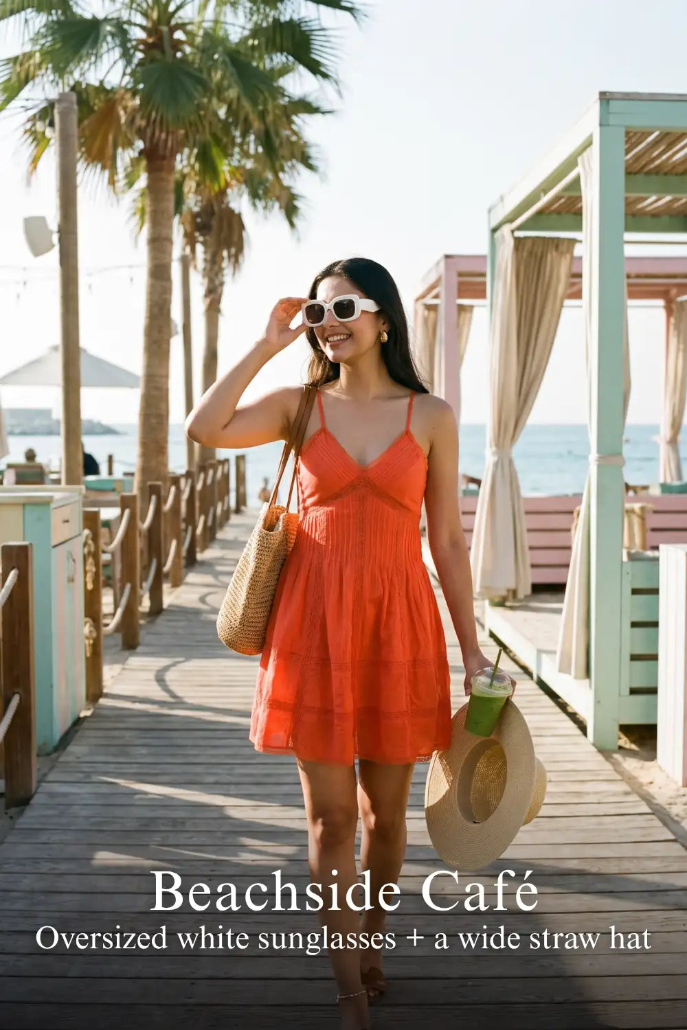 Pretty Pixie coral orange lace-trim spaghetti strap dress for beachside cafe.