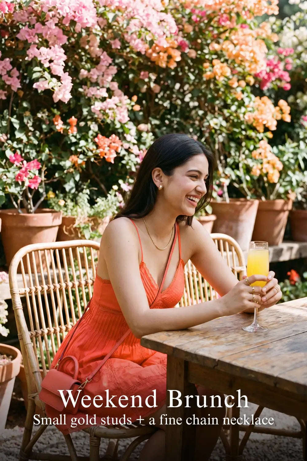 Pretty Pixie coral orange lace-trim spaghetti strap dress for weekend brunch.