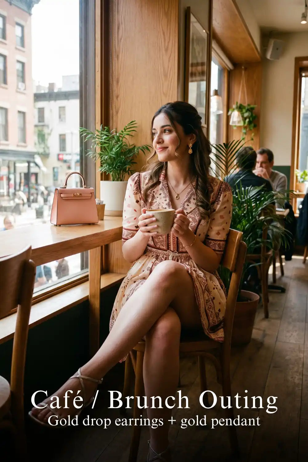 Woman in Pretty Pixie bandana print v-neck belted mini dress styled for a cafe brunch outing