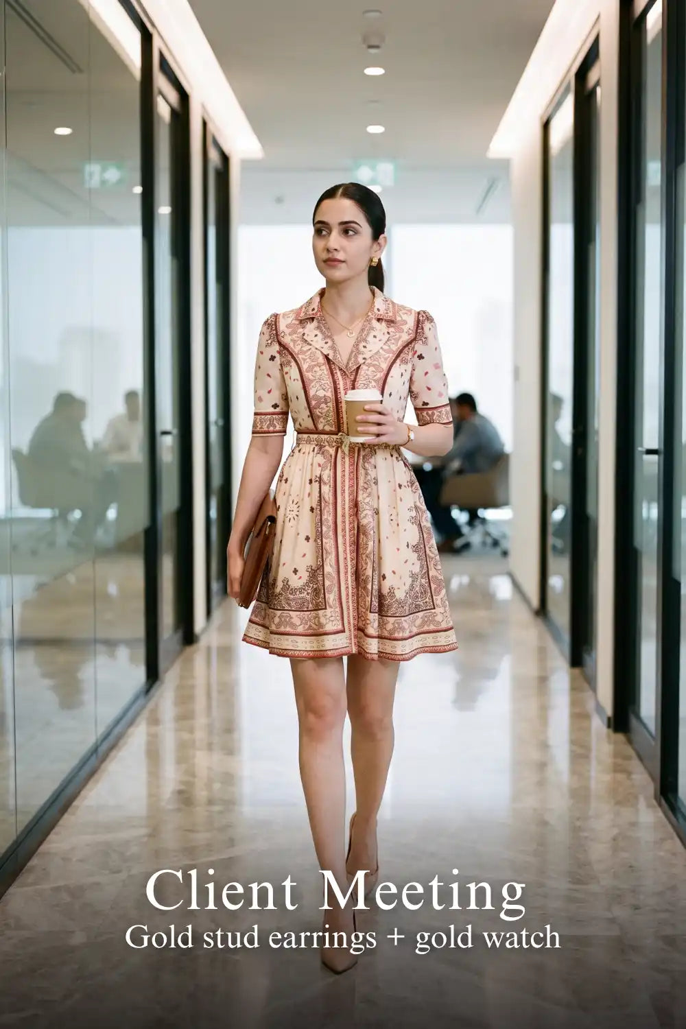 Woman in Pretty Pixie bandana print v-neck belted mini dress styled for a client meeting