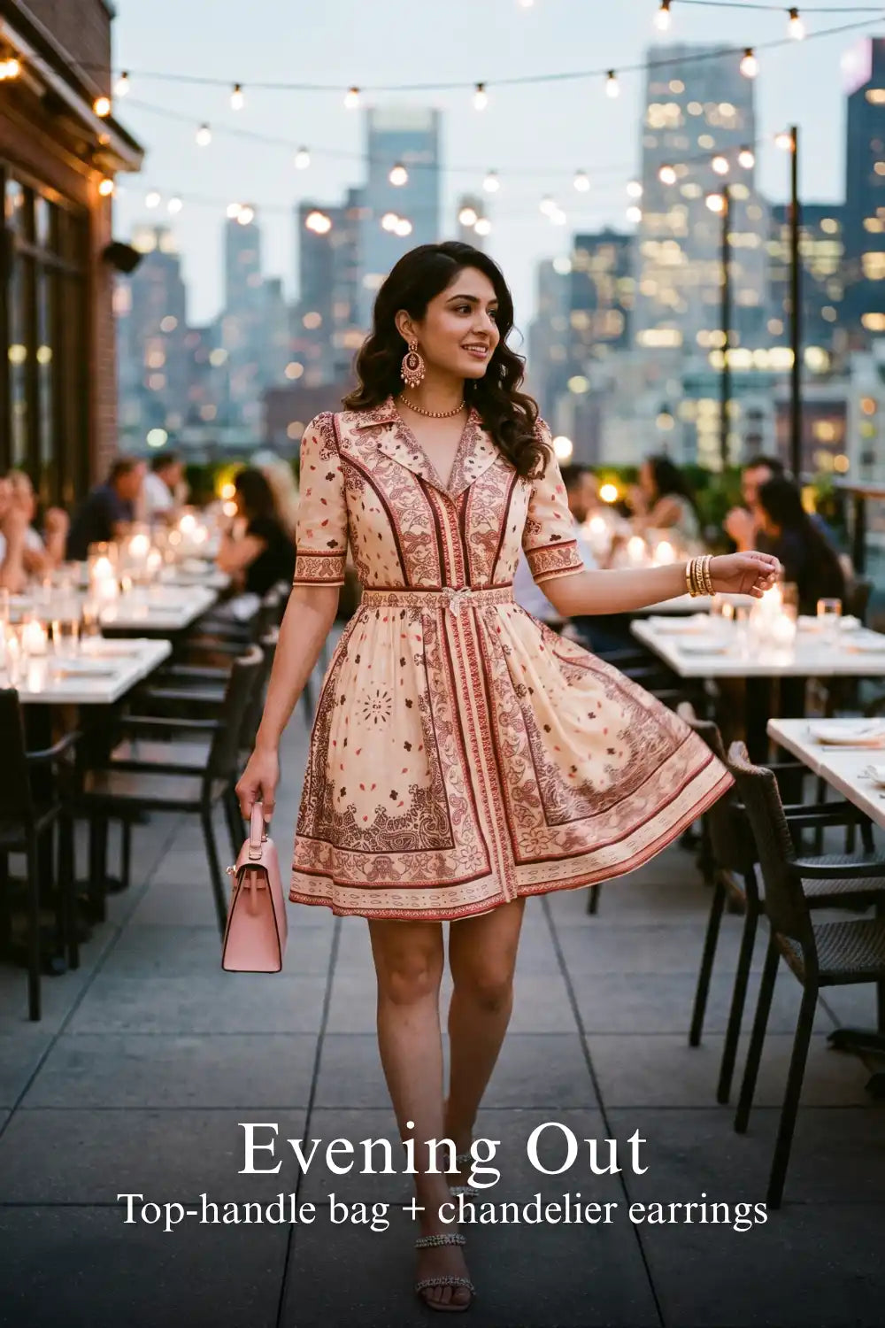 Woman in Pretty Pixie bandana print v-neck belted mini dress styled for an evening out