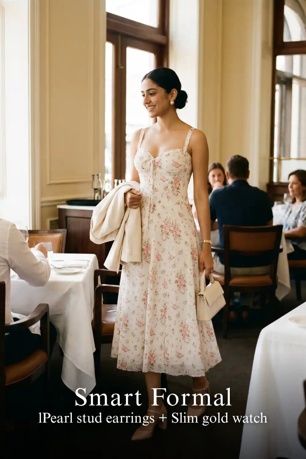 Pretty Pixie ivory floral stripe bustier midi dress for smart formal.