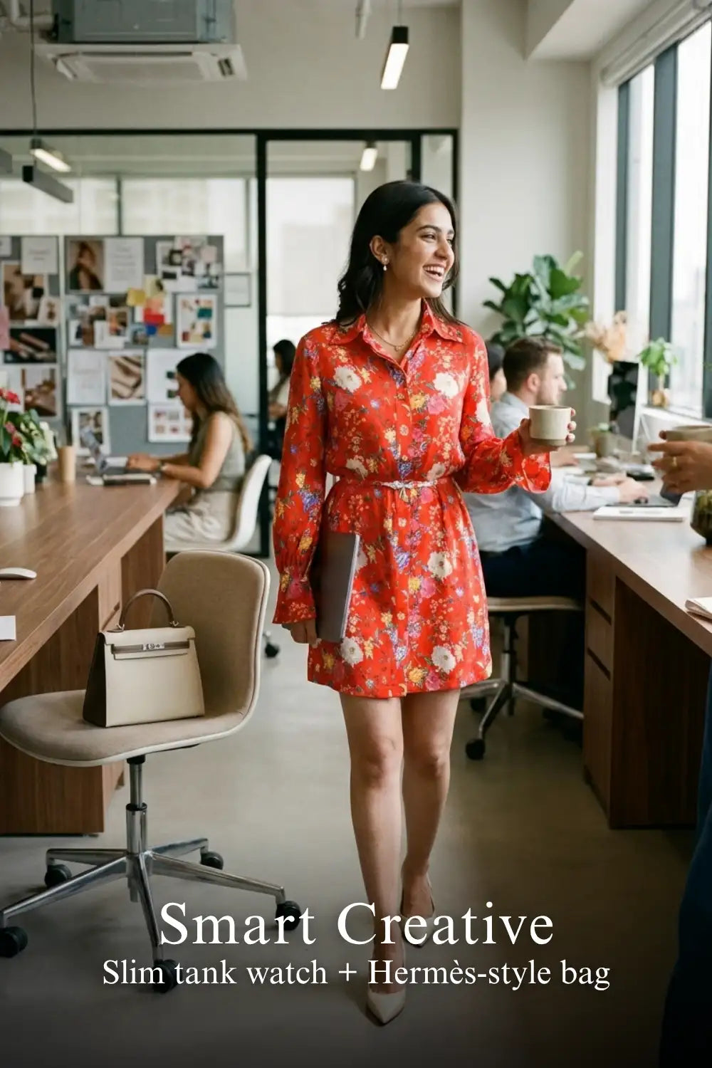 Woman in Pretty Pixie crimson floral belted mini dress styled for a smart creative
