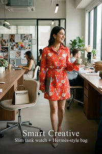 Woman in Pretty Pixie crimson floral belted mini dress styled for a smart creative