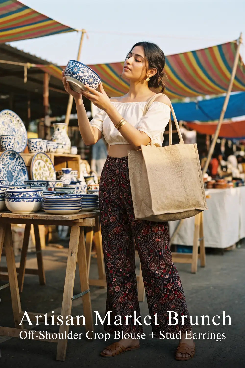 Pretty Pixie crimson paisley navy embroidered wide-leg pants for brunch outfit.