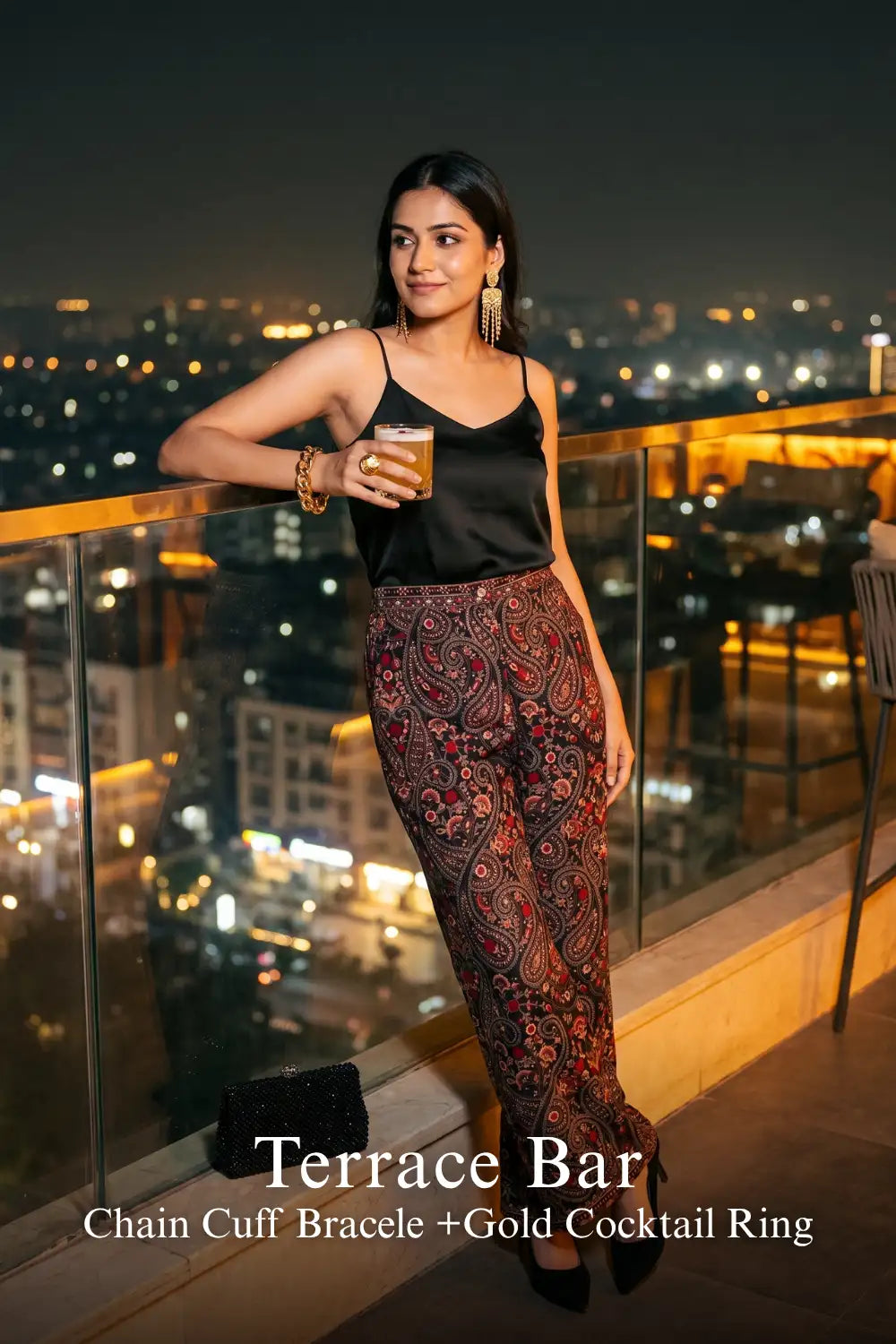 Pretty Pixie crimson paisley navy embroidered pants for night out outfit.