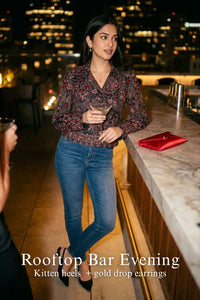 Pretty Pixie crimson paisley navy hand jacket for rooftop bar evening.