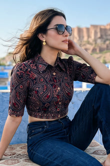 Crimson Paisley Navy Hand Embroidered Crop Shirt
