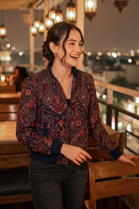 Crimson Paisley Hand Embroidered Bomber Jacket — Crimson Paisley Navy
