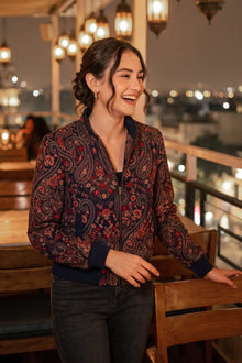 Crimson Paisley Navy Hand Embroidered Bomber Jacket