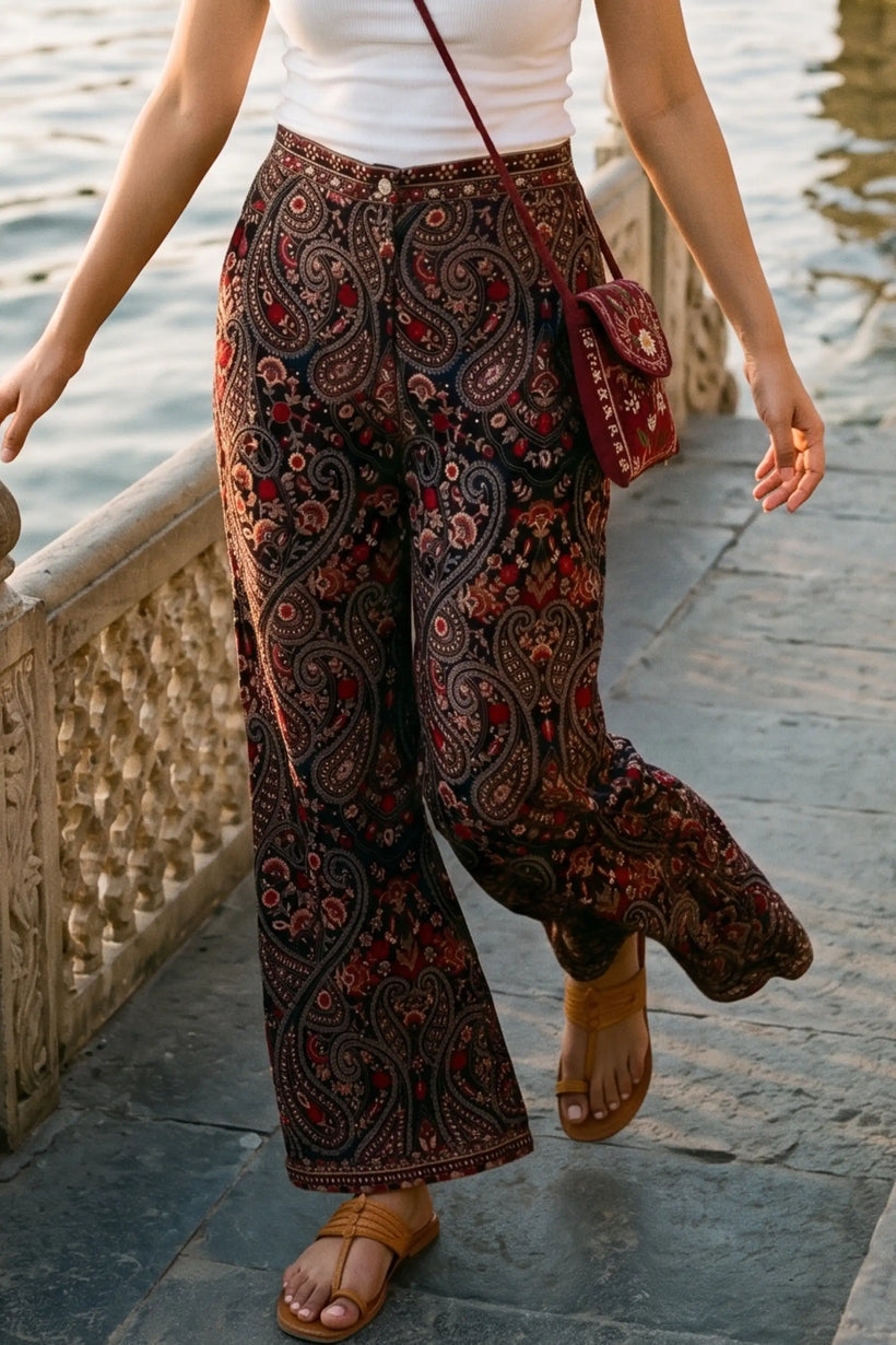 Crimson Paisley Navy Embroidered Wide-Leg Pants