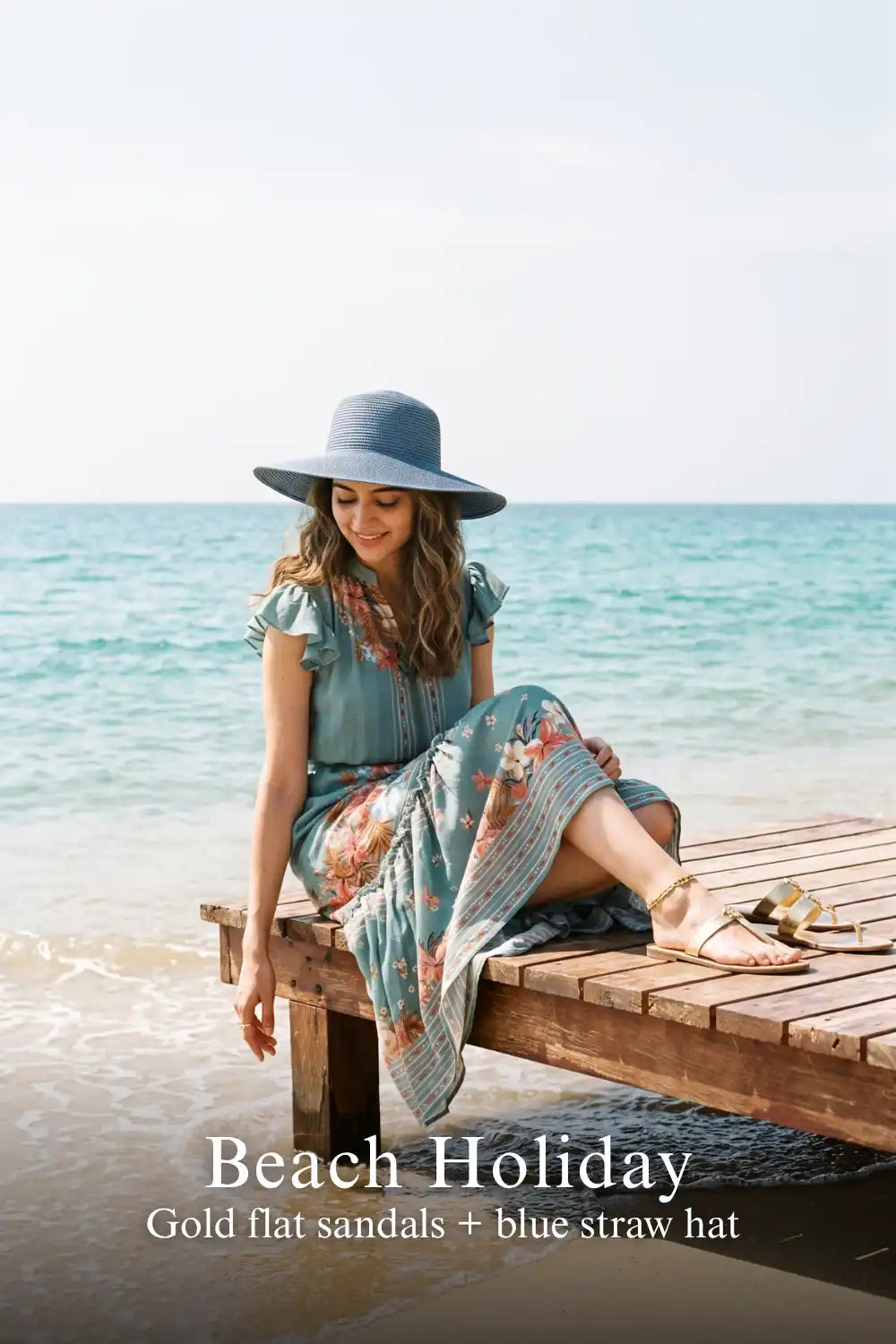 Woman in Pretty Pixie dusty teal flutter-sleeve belted midi dress styled for a beach holiday