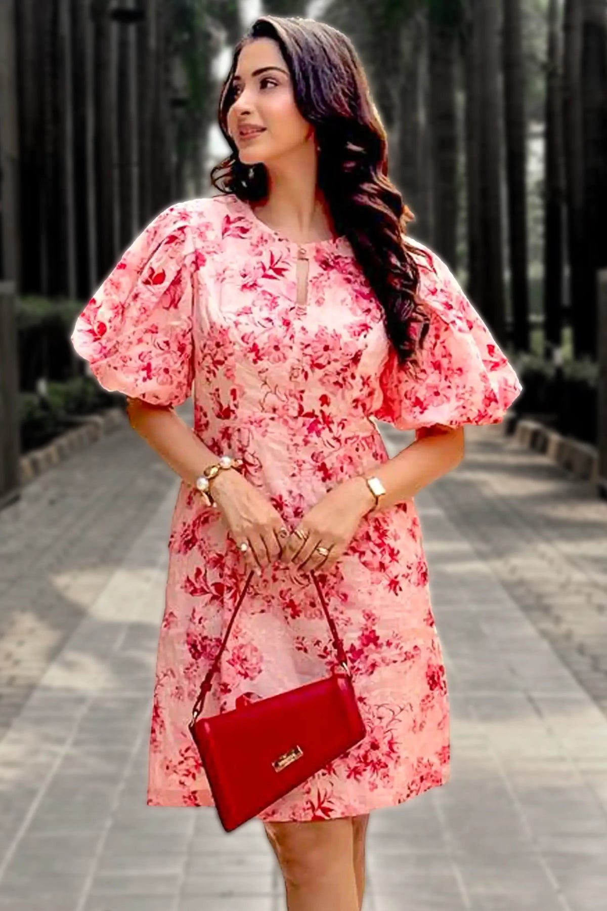 Eshaanya Mmaheshwari in pink floral mini dress by Pretty Pixie