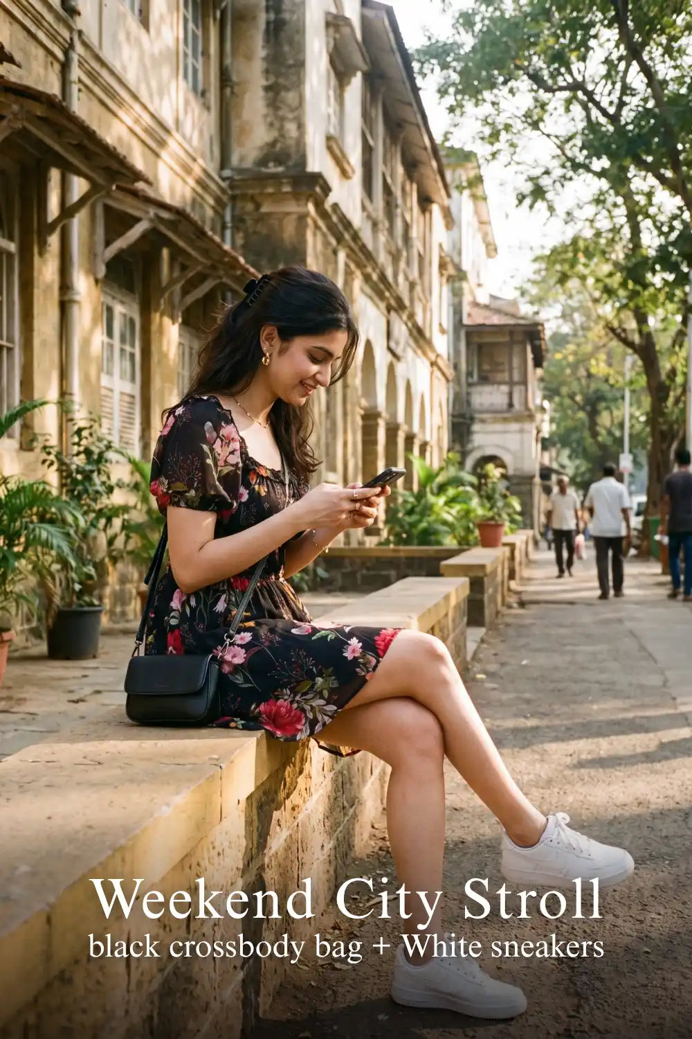 Woman in Pretty Pixie black floral puff-sleeve smocked mini dress styled for a weekend city stroll