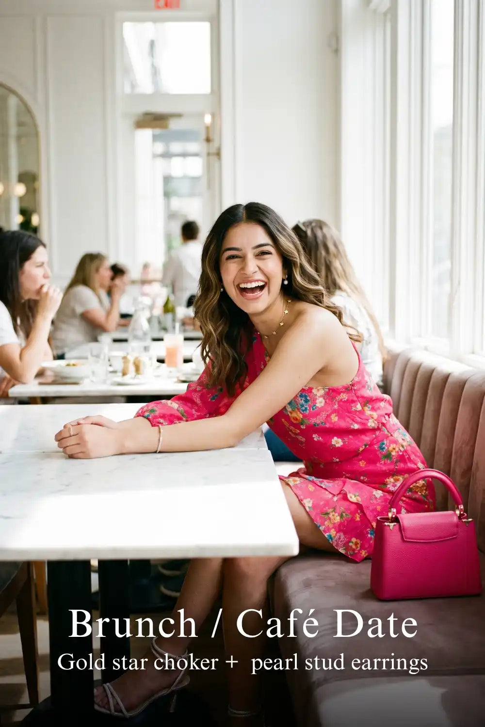 Woman in Pretty Pixie fuchsia floral one-shoulder ruffle mini dress styled for a cafe date