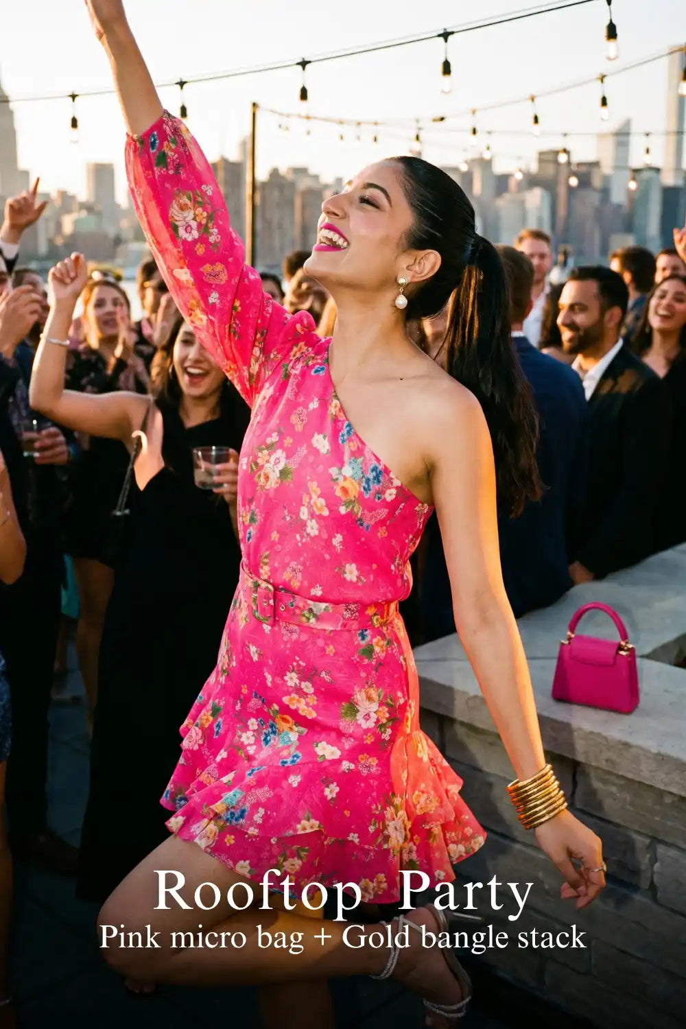 Woman in Pretty Pixie fuchsia floral one-shoulder ruffle mini dress styled for a rooftop party