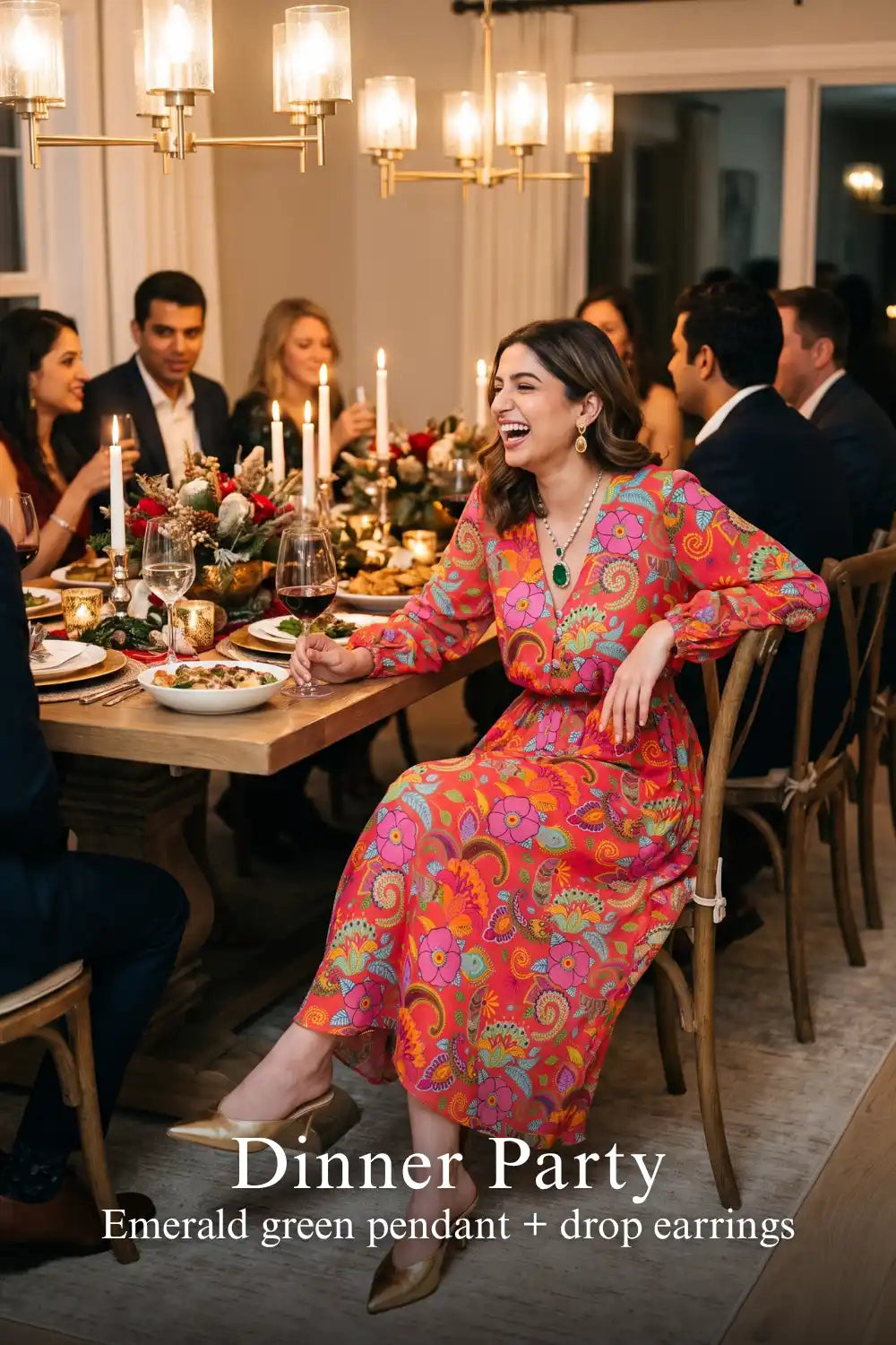 Woman in Pretty Pixie fuchsia paisley v-neck smocked midi dress styled for a dinner party