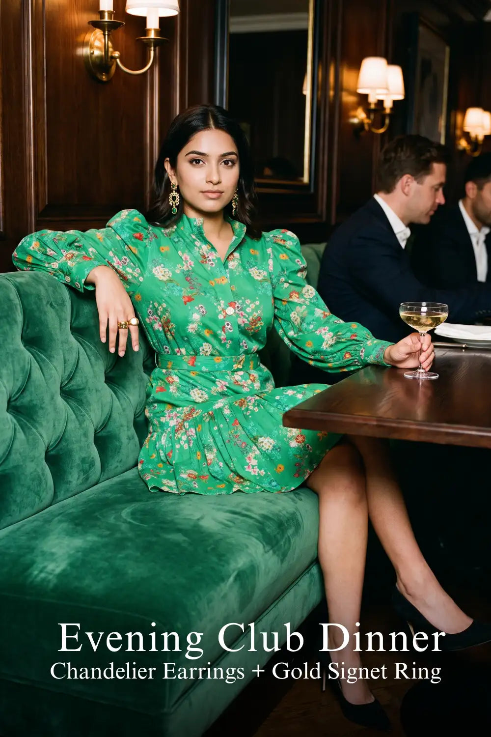 Woman in Pretty Pixie floral puff-sleeve smocked mini dress styled for an evening club dinner