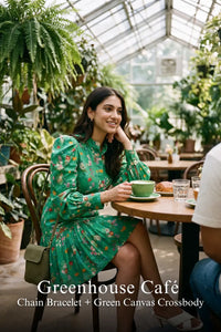 Woman in Pretty Pixie floral puff-sleeve smocked mini dress styled for a greenhouse caf