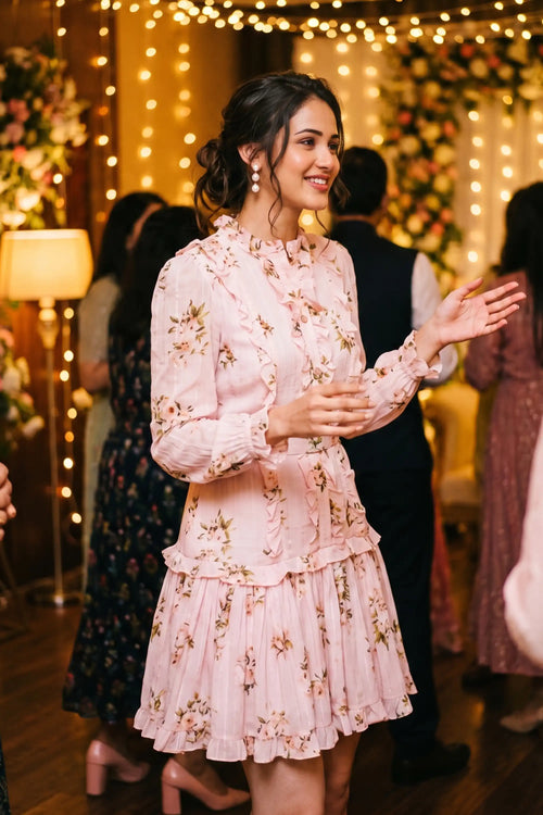 Woman at a festive wedding function wearing Pretty Pixie's Hannah pink floral ruffle mini dress with belted waist