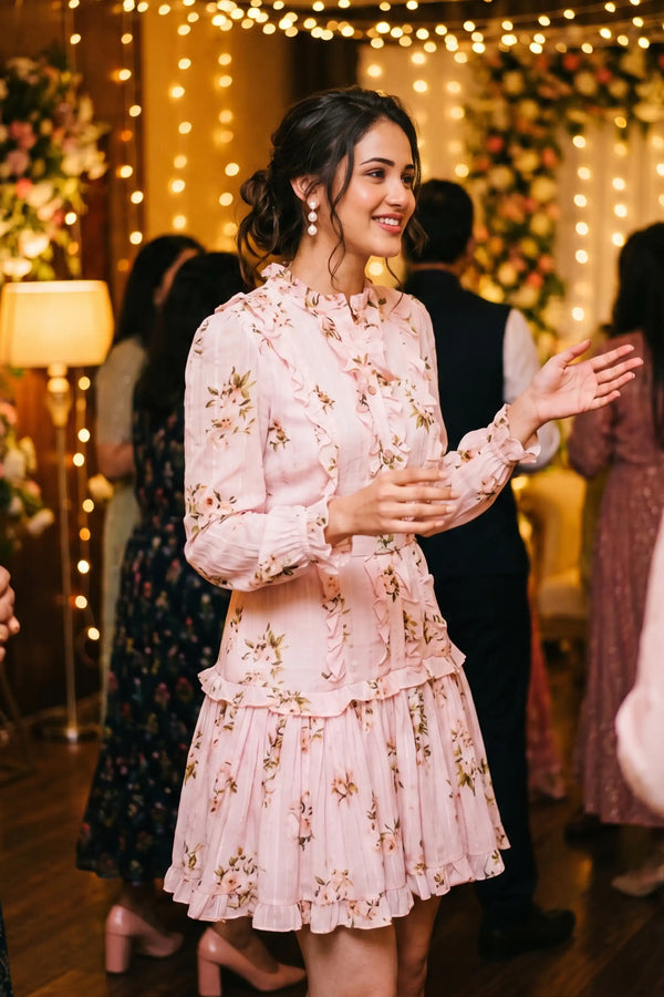 Hannah Ruffled Pink Floral Belted Mini Dress — view 1