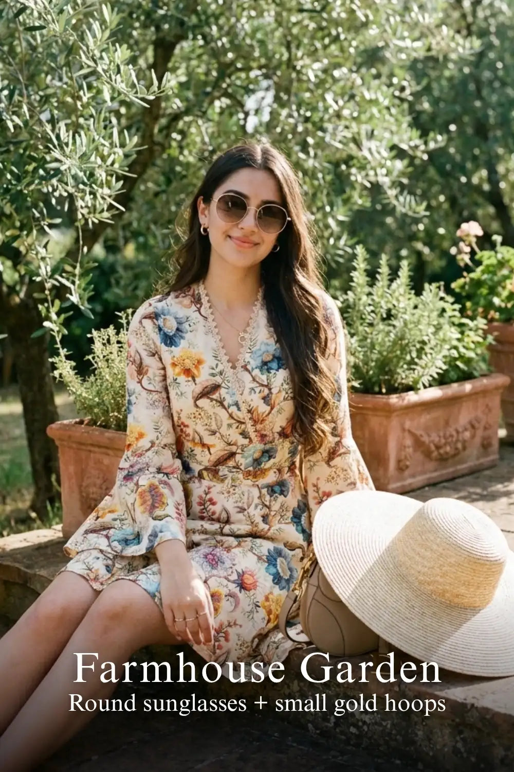 Woman in Pretty Pixie ivory floral wrap long-sleeve mini dress styled for a farmhouse garden