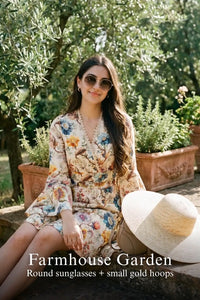 Woman in Pretty Pixie ivory floral wrap long-sleeve mini dress styled for a farmhouse garden